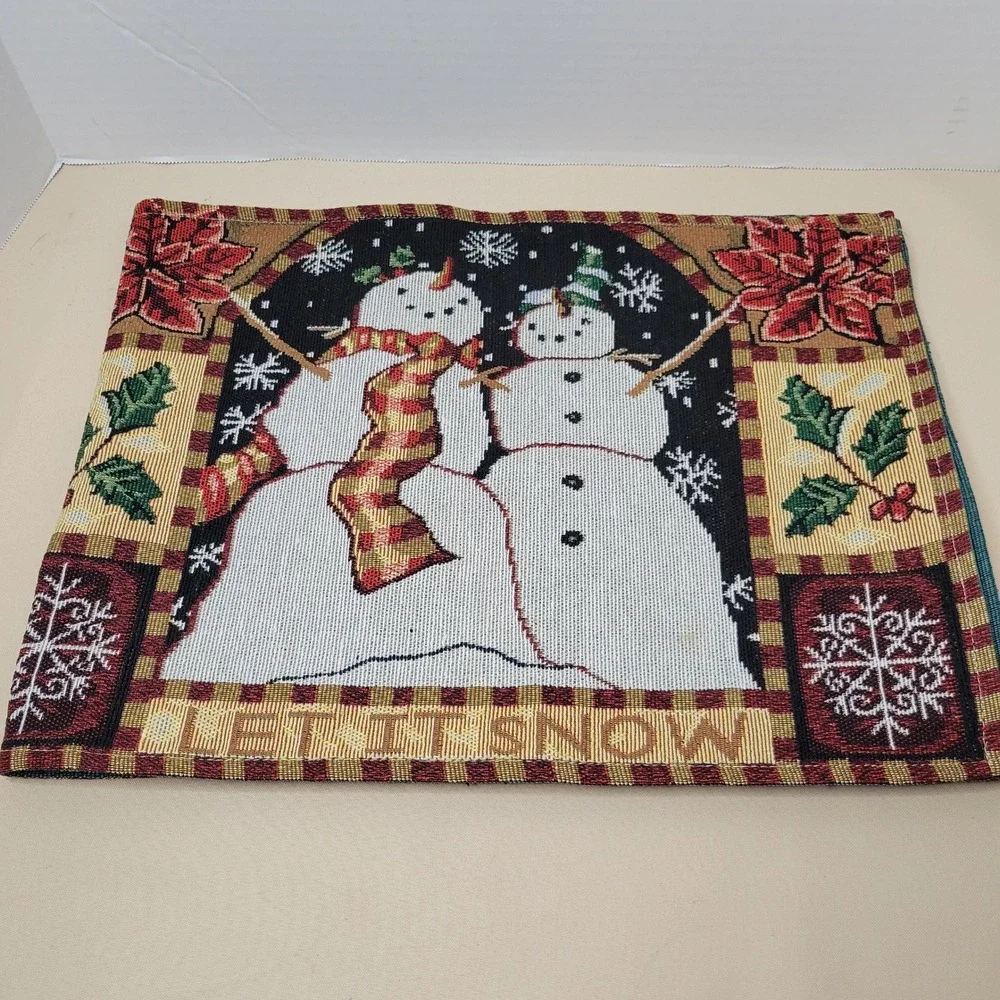 Christmas Snowman Woven Tapestry Table Runner Let It Snow Holiday Decor Red Gold